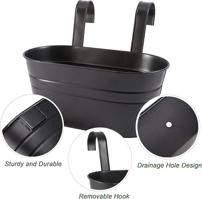 Metal Iron Flower Pots for Railing Fence Hanging Bucket Pots(5 Pcs) and Hanging Flower Pots Metal Iron Bucket Planter(10 Pcs) (Black)