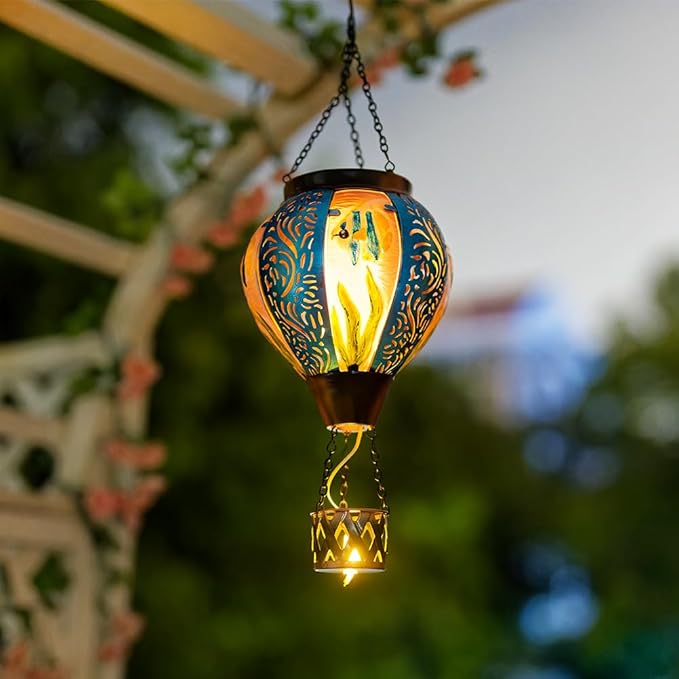 Blue Fish Hot Air Balloon Solar Lantern with Flickering Flame Hanging Solar Lanterns Outdoor Waterproof,LED Metal Hot Air Balloon Lights for Patio Yard Garden Decor,Mother Day Gifts for Women