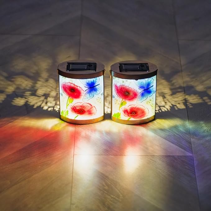 2 Pack Glass Butterfly Solar Lanterns Outdoor Waterproof, Hanging LED Solar Lantern for Tabletop Garden Yard Patio Decor