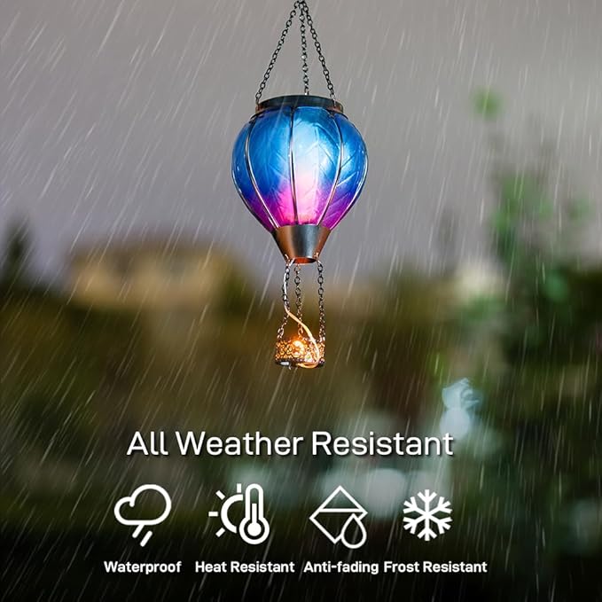 Starsoul 2 PC Blue Hot Air Balloon Solar Lantern with Flame Glass Hanging Outdoor Hot Air Balloon Solar Light Waterproof Garden Patio Yard Party Decorations
