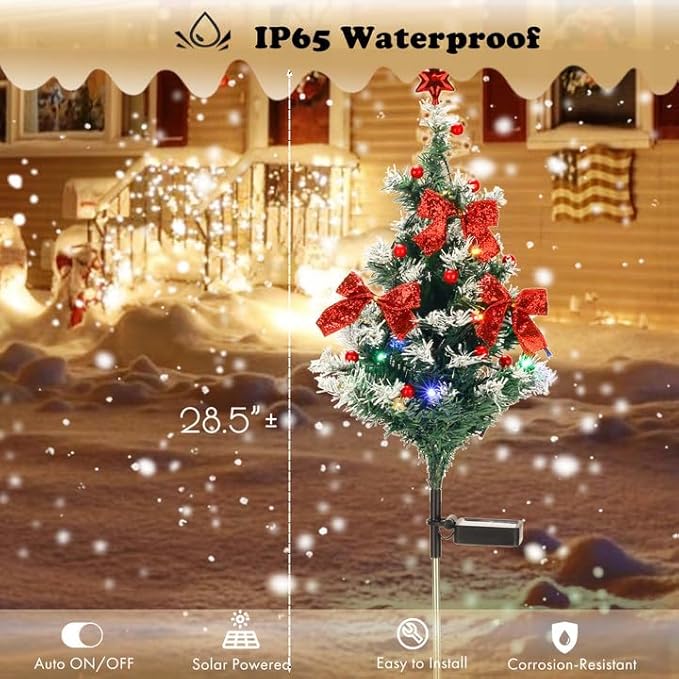 Solar Christmas Tree Light - Christmas Waterproof Small Pathway Lights, Outdoor Lights Christmas Decorations Cedar Xmas Tree with 20 LED Lights in 4 Colors for Garden/Yard/Patio, 2 Packs