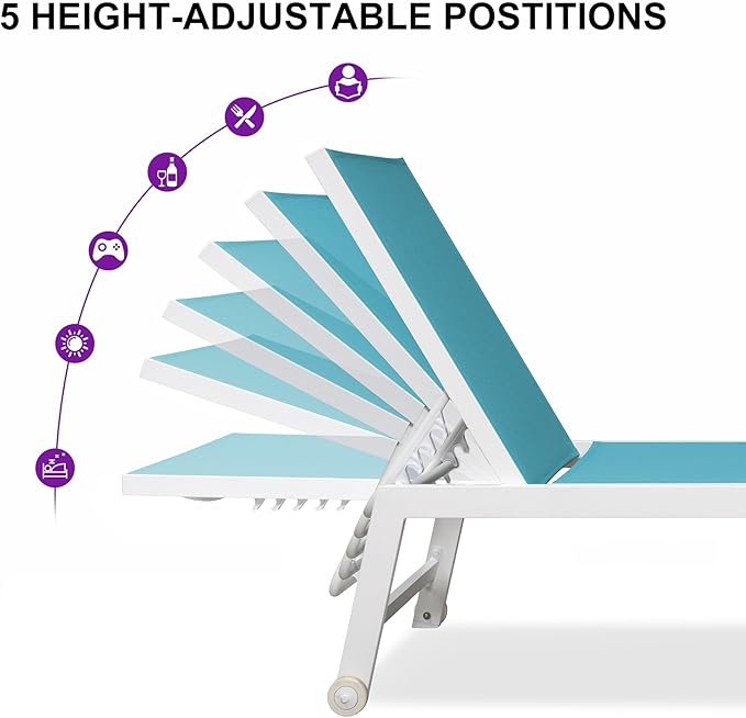 PURPLE LEAF Oversize Outdoor Chaise Lounge Set of 4 Outdoor White Aluminum Lounge Chairs with Side Table and Wheels Patio Lounge Chair for Yard Pool Deck, Turquoise