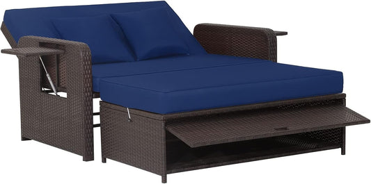 Tangkula Patio Rattan Daybed Set, Wicker Loveseat Sofa w/Multipurpose Ottoman & Retractable Side Tray, 4-Level Adjustable Backrest, Footstool w/Storage, Seat & Back Cushion Included (Navy)