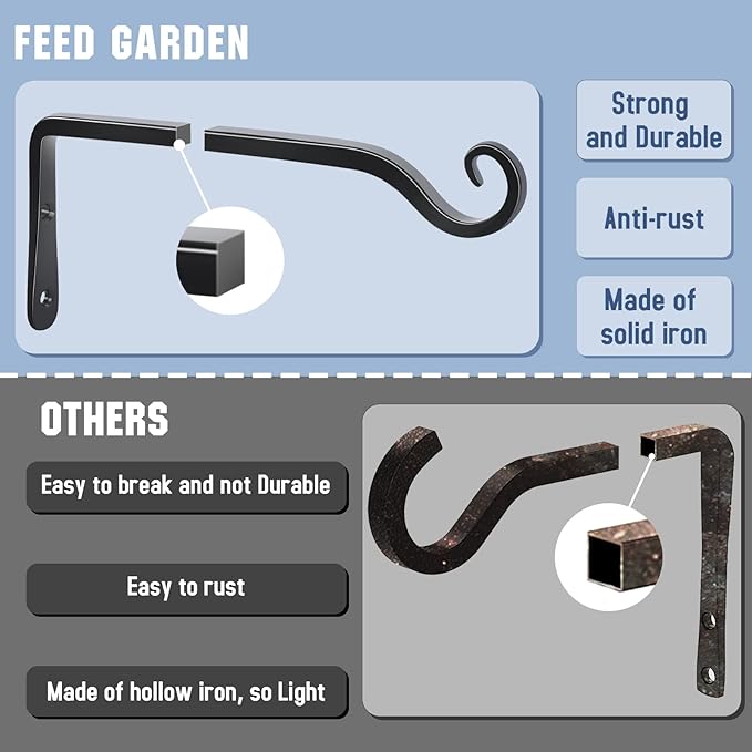 FEED GARDEN Wall Hook Hanging Plant Bracket 10 Inch 2 Pack, Hand-Forged Plant Hanger for Hanging Bird Feeders, Wind Chimes, Flower Baskets, Yoga Mat, Indoor/Outdoor Use, Black
