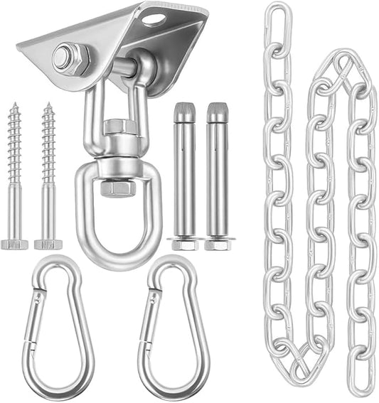 JACNITAD Hammock Chair Hanging Hardware Kit with Chain and Spring, Heavy Duty Porch Swing Hanger, 360 Swivel Ceiling Hooks for Punching Bag,Gym (Silvery)