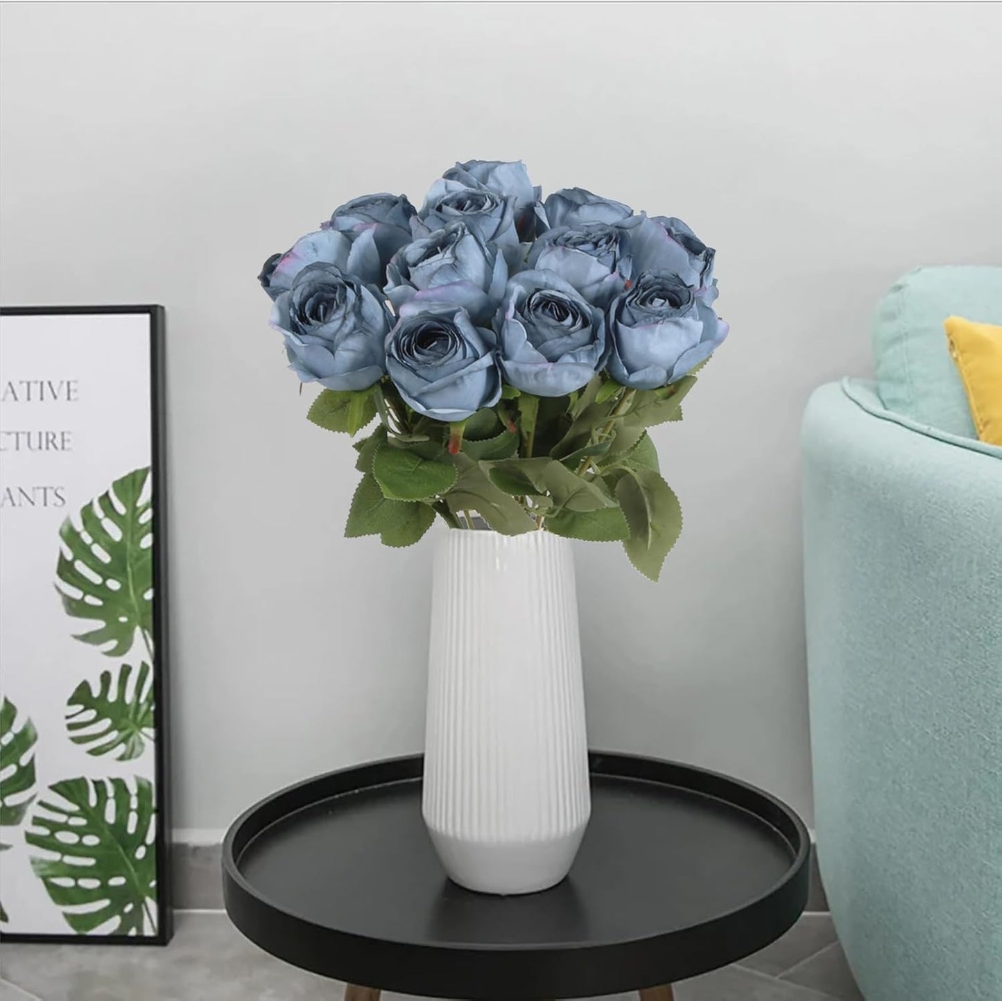 12 pcs Dusty Blue Roses Artificial Flowers Vintage Burnt Edge Rose 20" Realistic Silk Roses Bouquet with Long Stem for Wedding Party Floral Centerpieces Decoration (Dusty Blue)