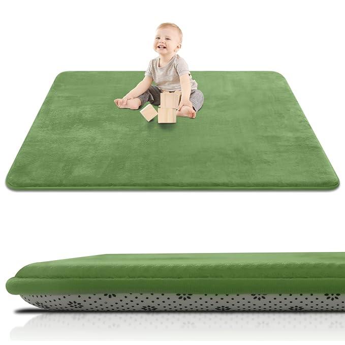 Thick Baby Play Mat for Floor,Padded Foam 50x50 Playpen Mat,Ultra Soft Support&Plush Feel Nursery Rug,Non Slip for Toddler, Infants,Kids Play,Yoga,Baby Crawling,Tummy Time(Green)