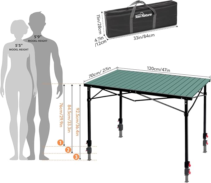 Portable Outdoor Adjustable Height Camping Table, Large for 2-6 Person, Foldable Roll-up Aluminum Camp Table with Carry Bag for Picnic, Camp, Sturdy, Stable, Loads 220 Lbs (Green)