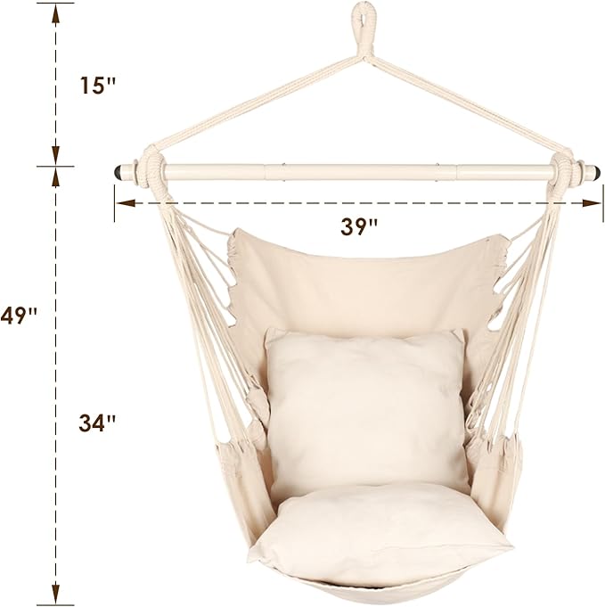 Highwild Hammock Chair Hanging Rope Swing - Max 500 Lbs - 2 Cushions Included - Steel Spreader Bar with Anti-Slip Rings - for Any Indoor or Outdoor Spaces (Beige)