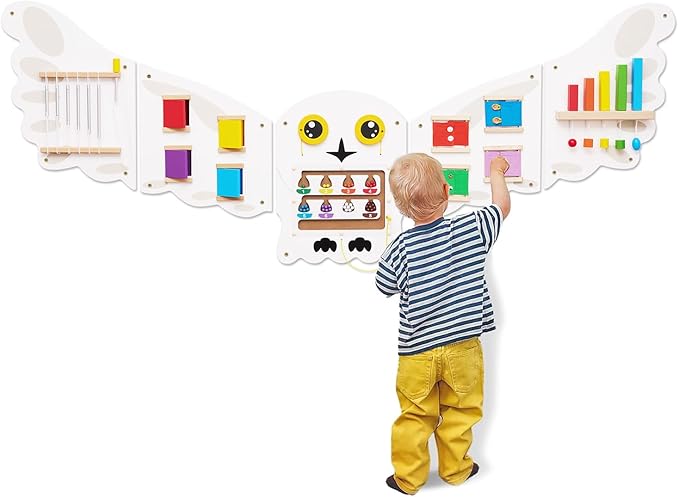 Monläurd® Montessori Owl Busy Board - Sensory Wall Panel for Toddlers, Wooden Activity Board for Kids 6M+, Montessori Educational Toys for Baby Learning, Playroom & Daycare Furniture