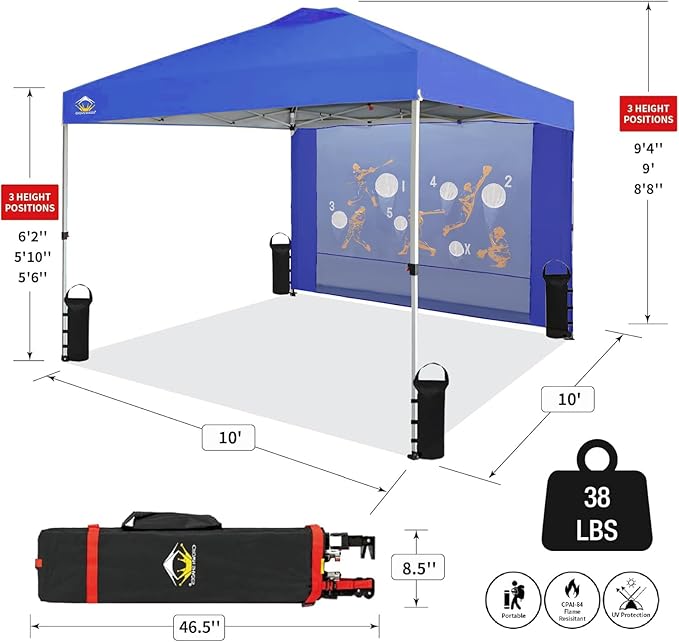 CROWN SHADES 10x10 Pop Up Canopy Tent with Game Netting - Beach Tent with One Push Setup - Outdoor Sun Shade for Events, Parties, Camping with STO-N-Go Cover Bag, Silver Coated Top, Blue