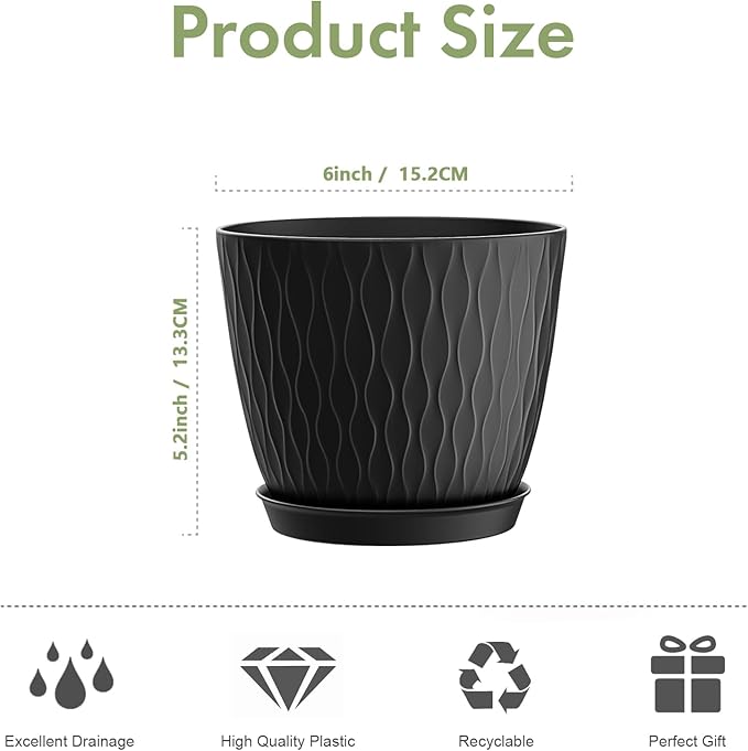 12 Pack 6 inch Plant pots, Plastic Planters with Drainage Holes and Saucers for Indoor Outdoor Flowers and Plants, Black