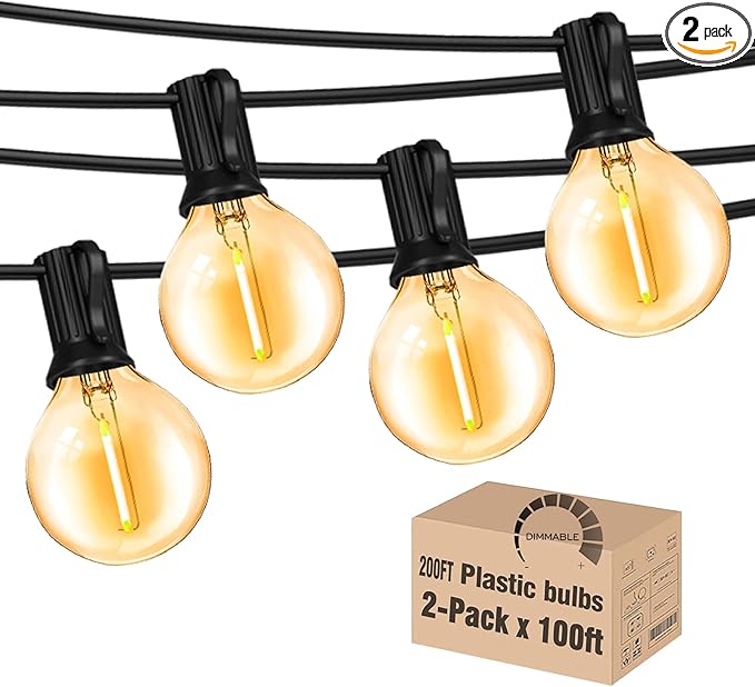 Outdoor String Lights 200FT Waterproof Globe String Lights with 104 Shatterproof G40 LED bulbs, Dimmable Connectable Patio Light String Lights for hanging Bistro Backyard Gazebo,2-Pack x 100ft