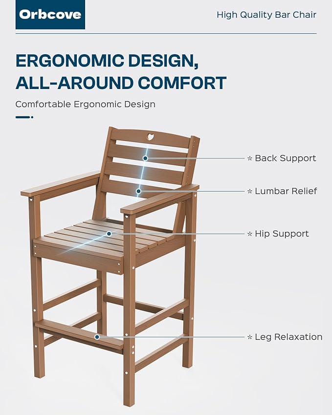 Tall Adirondack Chairs Set of 2, HDPE Wood Balcony Adirondack Chairs Set with Heart Cutout Design, Weather-Resistant Bar Height Furniture for Deck, Porch, Pool (Teak)