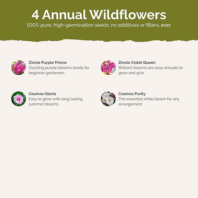 Eden Brothers Purple Rain Flower Mixed Seeds for Planting, 5 lb, 2,400,000+ Seeds with Zinnia Purple Prince & Violet Queen, Cosmos, Attracts Pollinators, Plant in Spring, Zones 3, 4, 5, 6, 7, 8, 9, 10