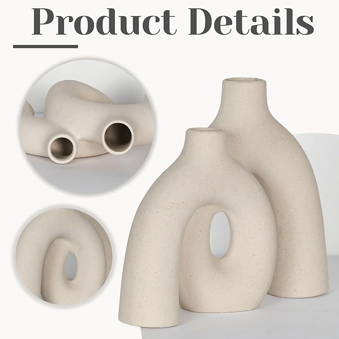 CEMABT Modern Nordic Boho Vase Set - Elegant Beige Matte Ceramic Home Decor for Living Room, Bookshelf, Mantel, Entryway Table & Console Décor | Shelf Decorations Gift