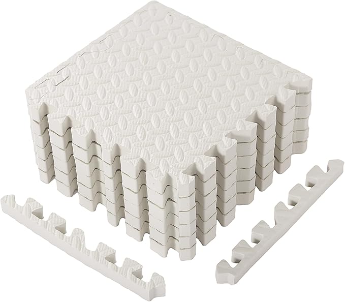 12 Tiles 12x12x1 inch EVA Interlocking Foam Floor Tiles Puzzle Exercise Mat Play Foam Mats for Boys Girls Baby Pets Home Classroom Nursery Gym (White)