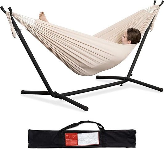 PNAEUT Double Hammocks with Stand for Outside, Portable Space Saving Heavy-Duty Steel Stand for Indoor Outdoor Patio with Carrying Bag, 450 lbs Capacity (Beige)