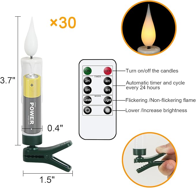 DRomance Christmas Tree Flameless Taper Candle Lights Battery Operated with 10-Key Remote and Timer, 30 Pack Plastic 3D Wick Flickering LED Taper Candles Multi-Using Home Garden Holiday Decor 3.4"