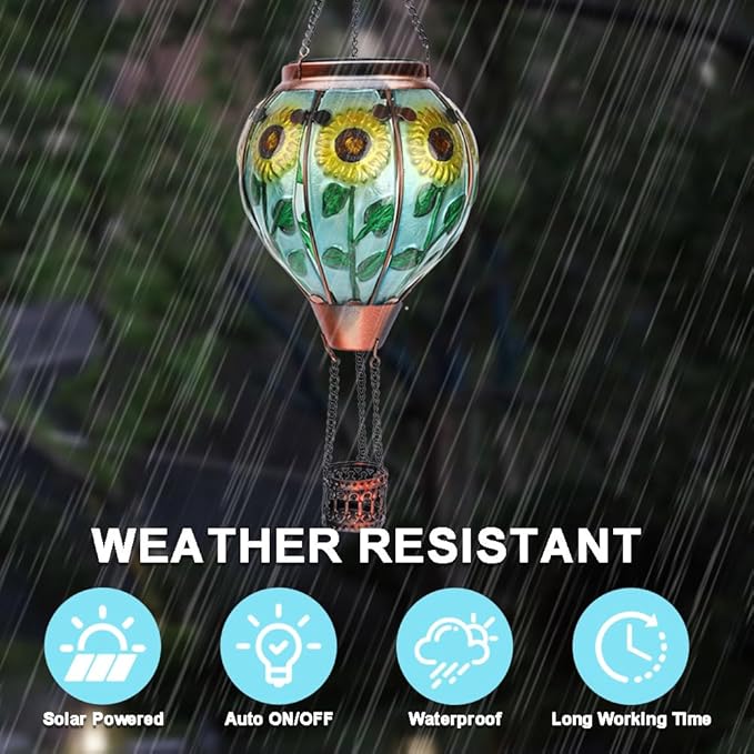 2PC Hot Air Balloon Solar Lantern with 2PC Shepherd Hook, Flickering Flame Hanging Solar Lanterns Outdoor Lights Waterproof Lanterns Decorative Garden Patio Yard Party Decor (Sunflower)