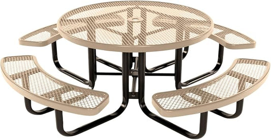 Coated Outdoor Furniture Heavy-Duty Portable Outdoor Kids Table with Umbrella Hole, Expanded Metal Kids Picnic Table, Commercial-Grade, Made in America (46 In, Round, Childrens, Tan)