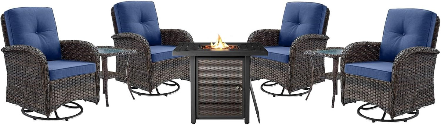 7 Pieces Patio Furniture Set with Fire Pit Table - 4 Outdoor Swivel Rocker Chairs with 50000BTU Propane Fire Table and 2 Side Table, Outdoor Conversation Set for Casual Gathering