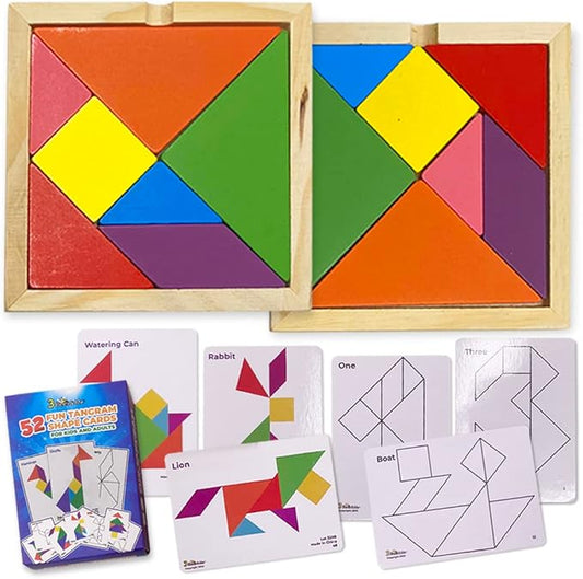 3 Bees & Me 2 Wooden Tangram Shapes Puzzle Toys with 52 Pattern Cards for Kids and Adults - Montessori Wood Toy, STEM Shape Puzzles Manipulatives Games, Educational Tangrams for Kids