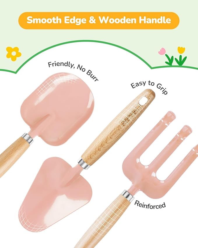 Kids Gardening Set Toys, Quality Garden Tool Kit for Kids and Toddlers, Includes Two Shovels, Garden hat,Rake, Apron,Gloves, Watering Can, and Tool Bag (Pink)