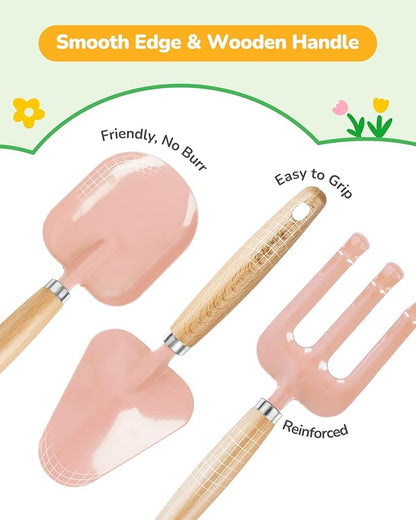 Kids Gardening Set Toys, Quality Garden Tool Kit for Kids and Toddlers, Includes Two Shovels, Garden hat,Rake, Apron,Gloves, Watering Can, and Tool Bag (Pink)