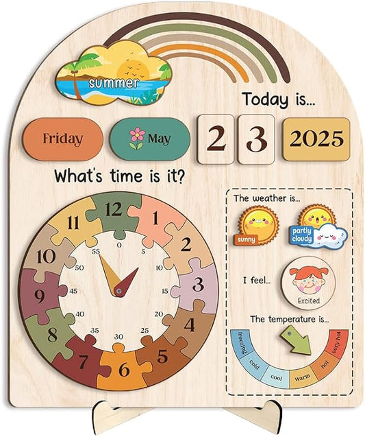 Interactive Calendar for Kids Ages 3+, Wooden Toddler Calendar, Teaching Seasons, Years, Months, Days of Week, Daily Activity Calendars for Kid Preschool & Homeschool (04 - Rainbow)