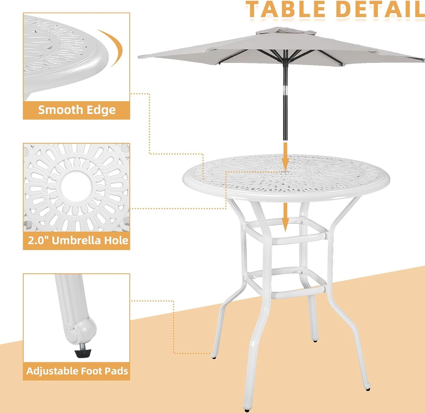 3 Pieces Patio Swivel Bar Set, Patio High Top Bar Table and Chairs Set, All-Weather Cast Aluminum High Swivel Bar Stools Chair Set of 2 and 35.4" Table, Patio Bistro Set for Garden,White