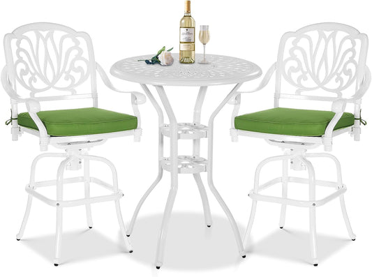 3 Pieces Patio Swivel Bar Set, Patio High Top Bar Table and Chairs Set, All-Weather Cast Aluminum High Swivel Bar Stools Chair Set of 2 and 31" Table, Patio Bistro Set for Garden,White