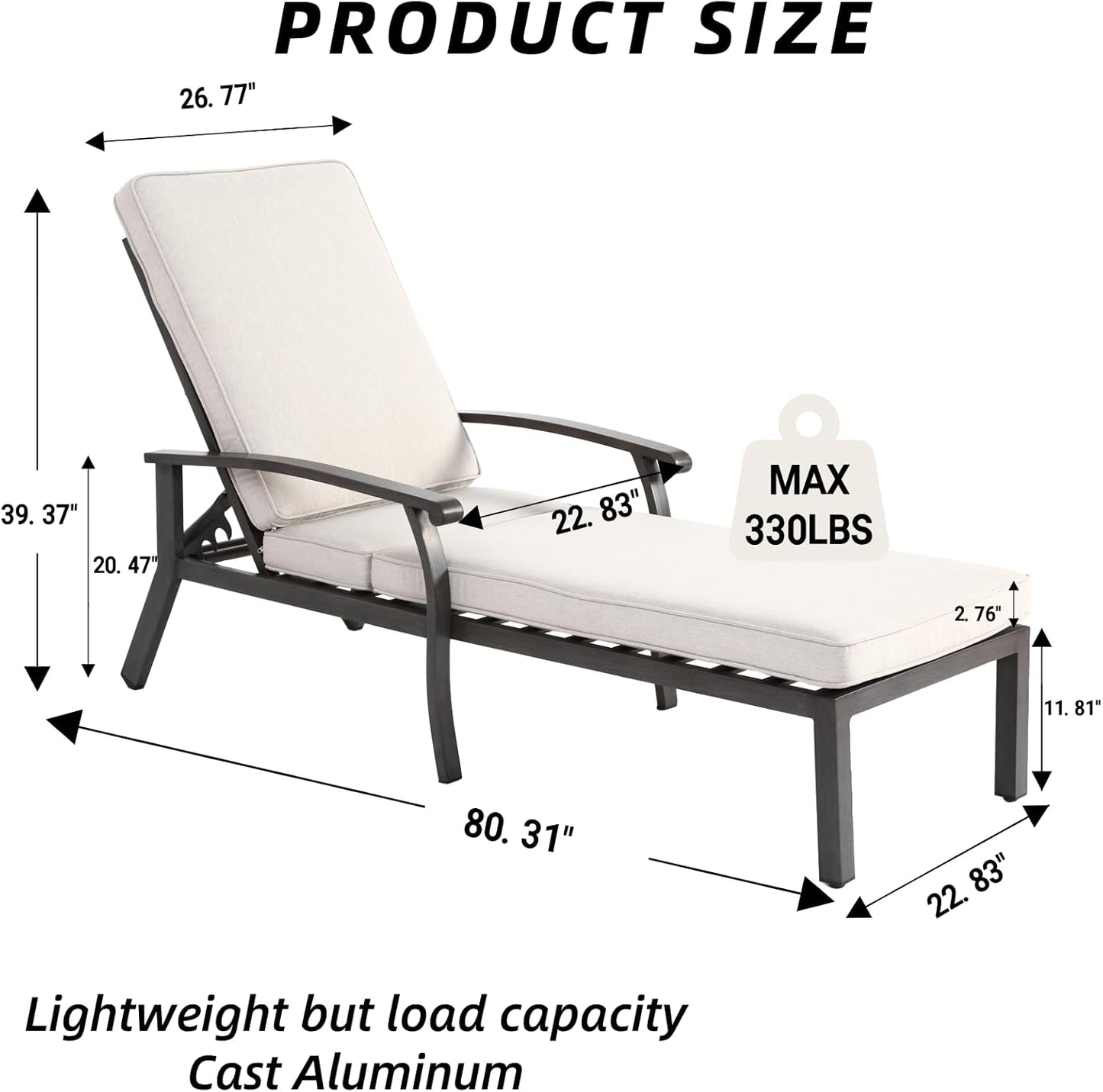 Outdoor Chaise Lounge with 5-Level Adjustable Backrest Set of 2, Durable Aluminum Patio Chair with Waterproof Cushion & Wheels for Garden, Poolside, Beige