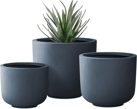 Kante 13",11",9" Dia Round Concrete Large Plant Pots Outdoor Indoor Planters Bowl with Drainage Hole for Patio, Set of 3,Charcoal