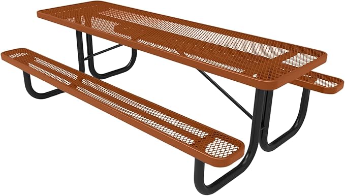 Heavy-Duty Portable Outdoor Picnic Table, Thermoplastic Coated Expanded Metal Commercial-Grade Patio Dining Furniture Made in America (8ft Rectangular, Textured Copper)