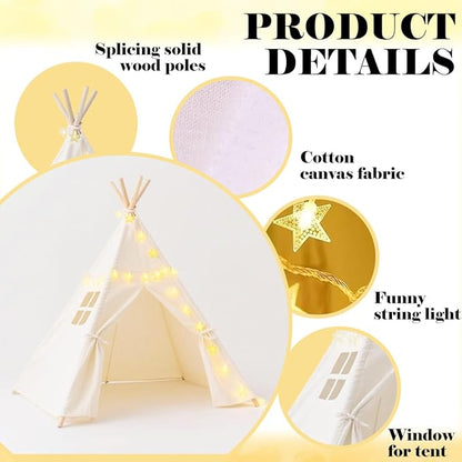 6 Pack Teepee Tent for Kids,Collapsible Kids Teepee Tent with 10 Ft String Lights,White Kid Teepee Boys Girls Indoor Outdoor Slumber Party Sleepover Party