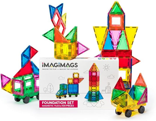 Magnetic Building Tiles, 108 Piece Foundation Set for Boys Girls Kids, Educational Creative Learning Activity Building Block Toddler Toys, STEM, Children Ages 3 Years +