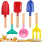 Children Beach Sand Toys, 6 PCS 8'' Wooden Handle Gardening Tools, Kids Gardening Set, Cylinder, Spoon, Fork, Rake, Flat Shovel & Pointed Shovel