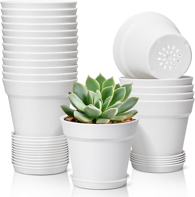 T4U 4 Inch Plant Pots 18-Pack - Small Plastic Planter with Drainage Hole and Saucer, Decorative Nursery Flower Pot Bulk for African Violet, Snake Plant, Succulent and All House Plants Indoor