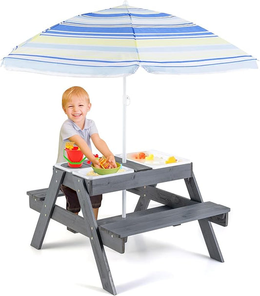 Costzon Kids Picnic Table with Sensory Bins, 4 in 1 Sand and Water Table with Height Adjustable Umbrella, Removable Tabletop, Wooden Kids Outdoor Table for Backyard Patio Play