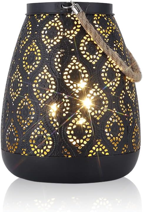 TRIROCKS Moroccan Style Metal Lamp 8''H Battery Operated Cordless Table Lamp Vintage Lantern for Living Room Garden Yard Patio Parties Event Indoors Outdoors (Black with Gold Brush)