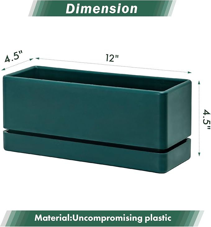 D'vine Dev 12 Inch Window Box Planter, Rectangle Plastic Herb Planter with Drainage Holes and Saucer, Indoor Succulent Cactus Vegetable Pot for Windowsill, Garden Balcony, Green, Set of 2, 76-X-C-2