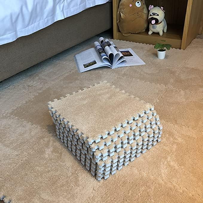 16pcs 0.6" Thickened Interlocking Tile Mats,Fluffy Shaggy Soft EVA Foam Area Rug for Living Room & Bedroom,Non-Slip Protective Floor Carpet Play Mat Kids Baby Dorm Home Decor (11.8ft, Khaki)