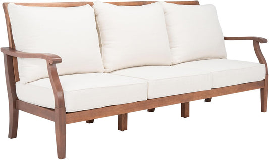 SAFAVIEH Couture Home Collection Payden Natural Wood/Beige Cushion 3-Seat Outdoor Patio Sunroom Porch Backyard Veranda Sofa