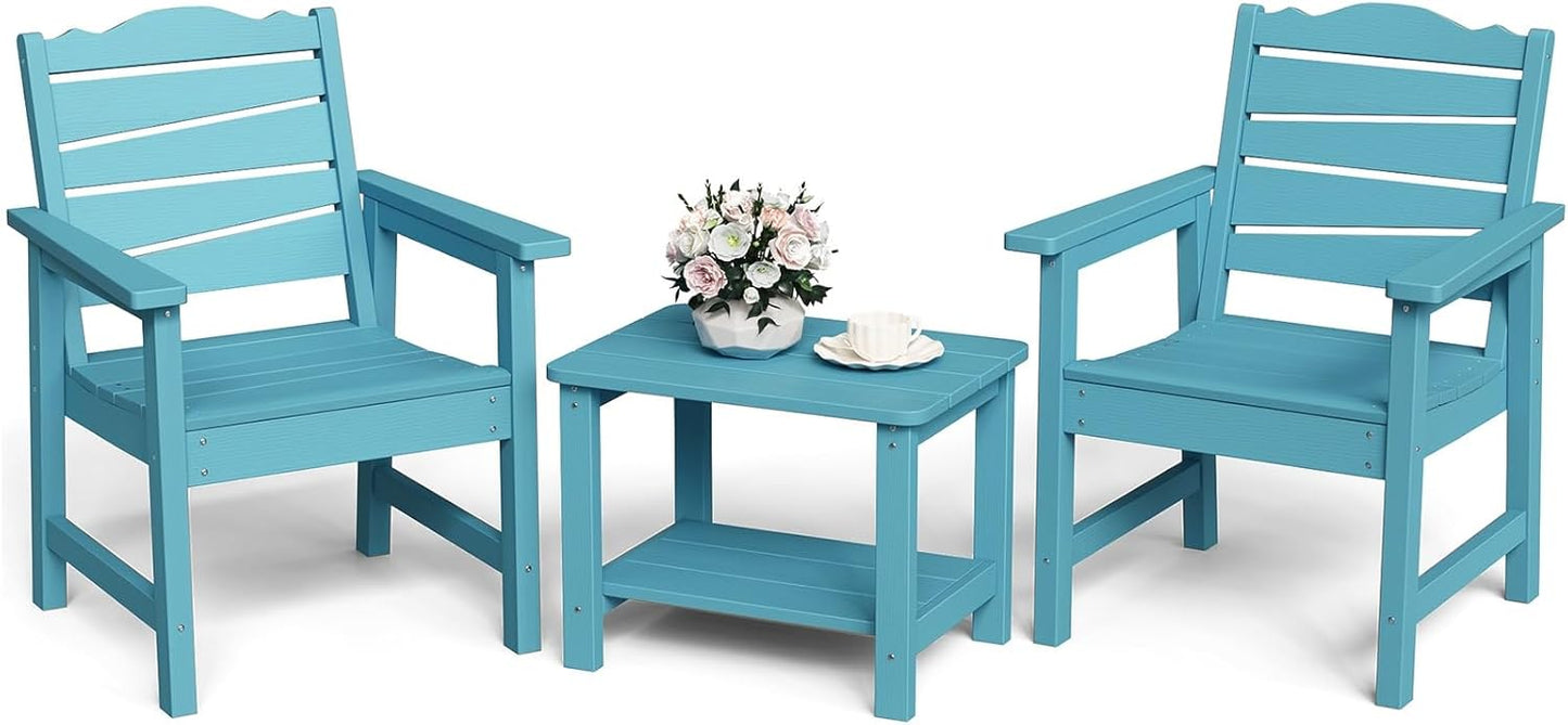 Patio Chairs Set, 3 Pieces Weatherproof HIPS Outdoor Furniture, Patio Chairs Conversation Sets with Side Table for Garden Porch Lawn & Backyard (Lake Blue)