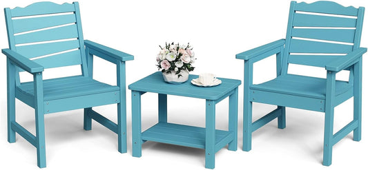 Patio Chairs Set, 3 Pieces Weatherproof HIPS Outdoor Furniture, Patio Chairs Conversation Sets with Side Table for Garden Porch Lawn & Backyard (Lake Blue)