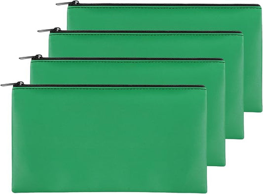 4Pack Money Bag 11 X 6", Safe Durable Waterproof Bags With Zipper for Cash, Coin Pouch PU Leather Bank Bag for Checks, Makeup, Bills, Receipts, Tool Storage (Green)