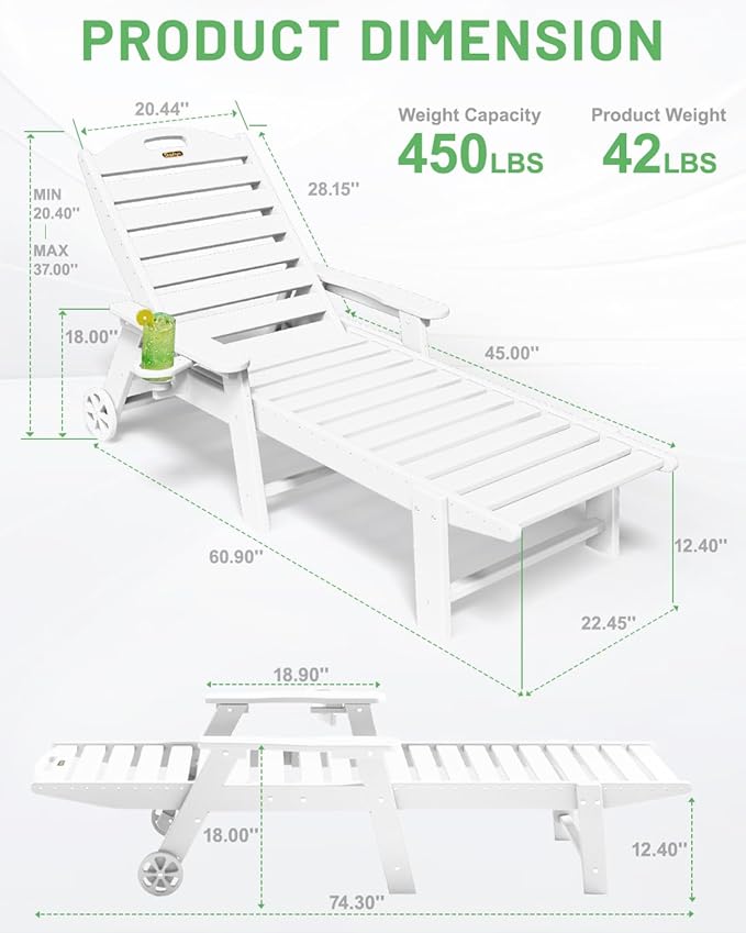 Lounge Chair Outdoor, Chaise Lounge Outdoor, HDPE 6-Position Lounge Chair for Outside, Patio Lounge Chair with Wheels & Cup Holder for Pool Poolside Deck Backyard, White