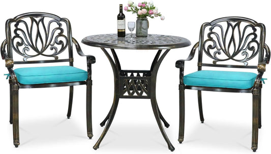 VIVIJASON 3-Piece Patio Furniture Dining Set, All-Weather Cast Aluminum Outdoor Bistro Set, Include 2 Chairs, 2 Cushions and 31" Round Table w/Umbrella Hole for Balcony, Backyard, Ocean Blue Cushion