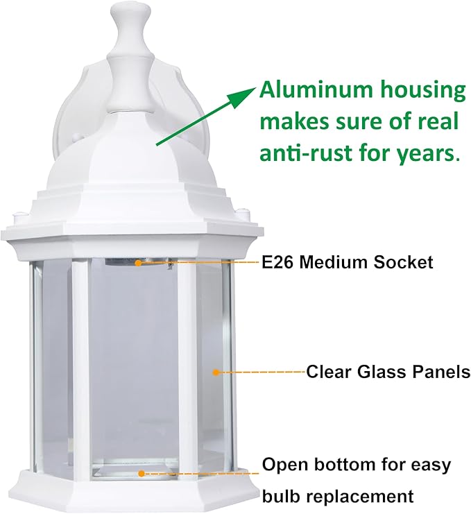 LIT-PaTH Outdoor Wall Lantern, Wall Sconce as Porch Lighting Fixture, E26 Medium Base Max 60W, Aluminum Housing Plus Glass, Matte White Finish, 1-Pack